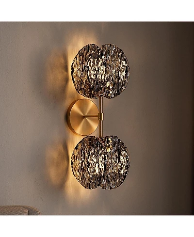 Tribesigns 2-Light Crystal Wall Sconce,Brass Finish Wall Light with Textured Smoke Glass Shade,Luxury Vanity Light