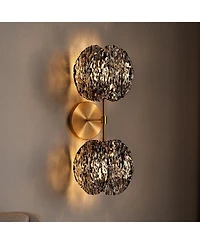 Tribesigns 2-Light Crystal Wall Sconce,Brass Finish Wall Light with Textured Smoke Glass Shade,Luxury Vanity Light