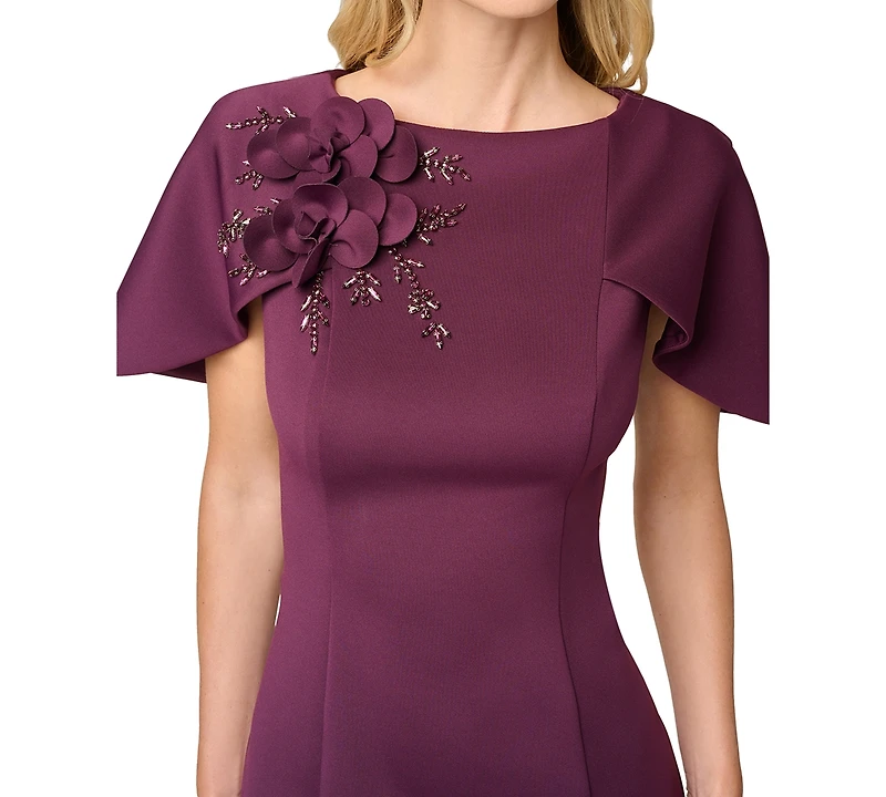 Adrianna Papell Women's 3D Floral Cape-Sleeve Stretch Sheath Dress