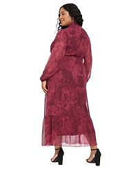 London Times Plus Smocked Tiered Maxi Printed Bishop Sleeve Mock Neck Dress