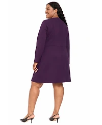 London Times Plus Crewneck Long-Sleeve Button-Trim Sheath Dress