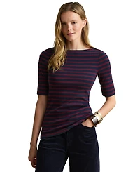 Lauren Ralph Women's Striped Stretch Cotton Boat Neck Top