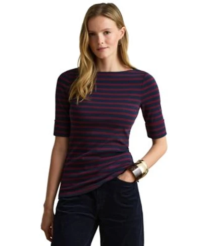Lauren Ralph Lauren Womens Striped Stretch Cotton Boat Neck Top