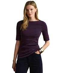 Lauren Ralph Lauren Womens Striped Stretch Cotton Boat Neck Top