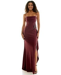 City Studios Juniors' Drape Neck Side Ruffle Gown