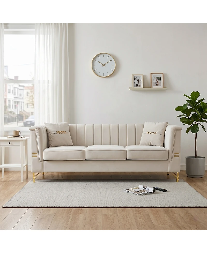 Streamdale Furniture Modern 82.67" Vertical Channel Tufted Velvet 3-Seater Sofa with 2 Pillows