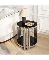 Streamdale Furniture 19.7" 2-Tier Round Glass End Table with Stainless Steel Legs