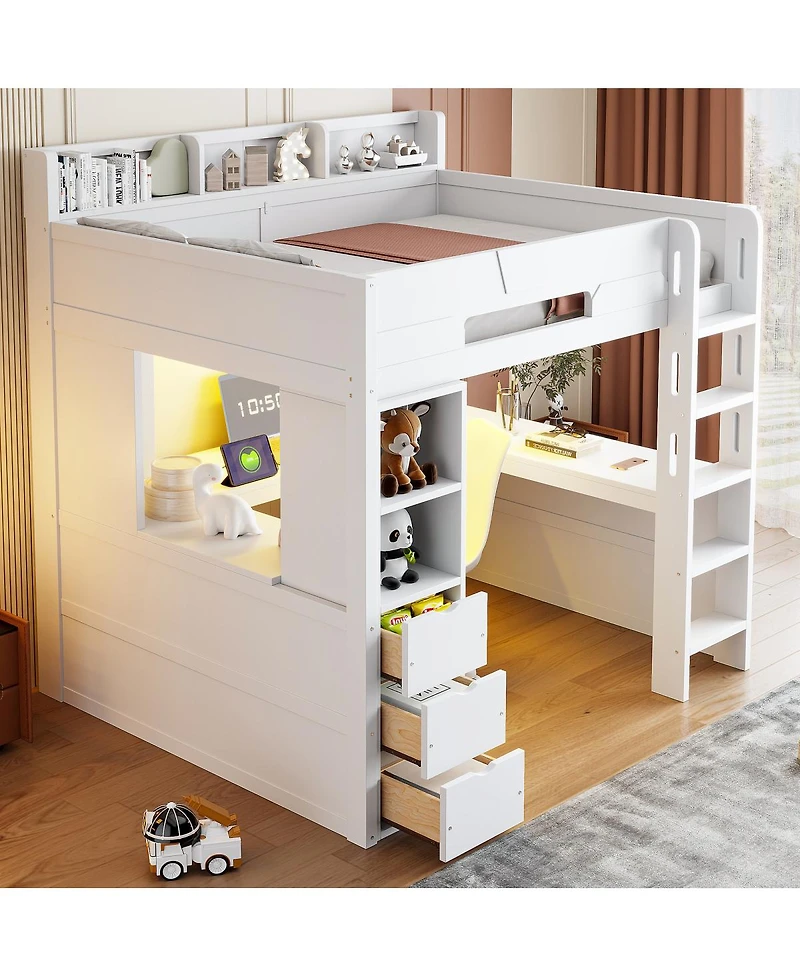 Streamdale Furniture Full Size Wooden Gaming Loft Bed with Desk, Rgb Lights and Storage