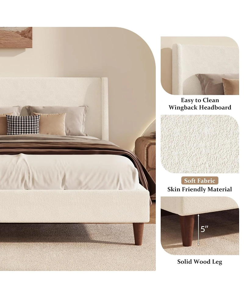 Streamdale Furniture Modern Boucle Wingback Platform Bed with Walnut Legs