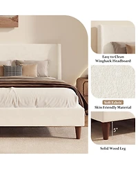 Streamdale Furniture Modern Boucle Wingback Platform Bed with Walnut Legs