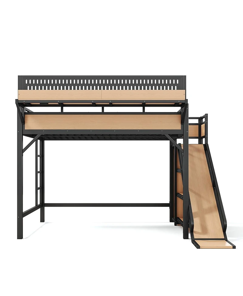Streamdale Furniture Queen Loft Bed with Slide, Storage, Wardrobe, Usb, Led and Pegboard