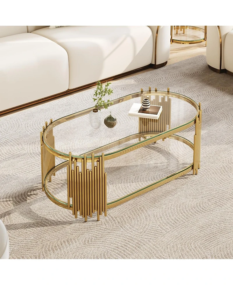 Streamdale Furniture Luxury 2-Tier Oval Glass Coffee Table with Organ Pipe Design