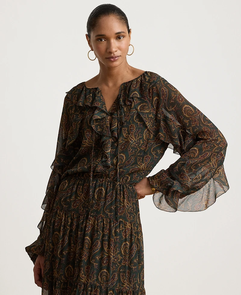 Lauren Ralph Petite Ruffle Paisley-Print Tiered Maxi Dress