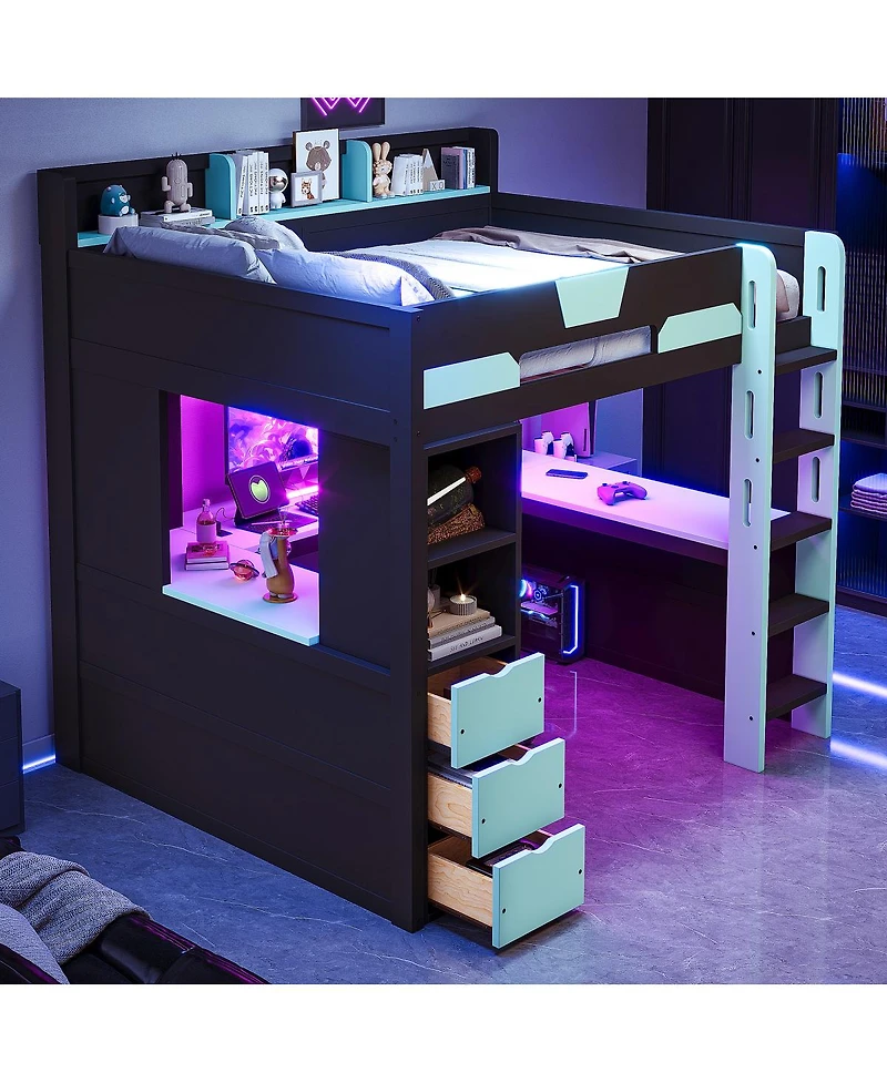 Streamdale Furniture Full Size Wooden Gaming Loft Bed with Desk