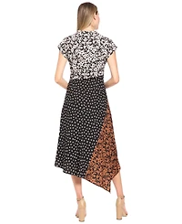 Luxely Women's Patchwork Print Mock Neck Midi Dress