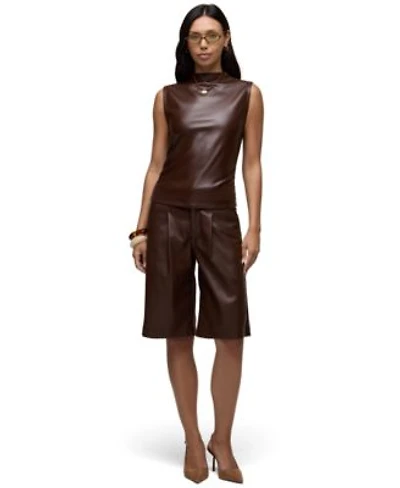 Hudson Jeans Womens Mock Neck Faux Leather Sleeveless Ruched Top Pleated High Waisted Wide Leg Shorts