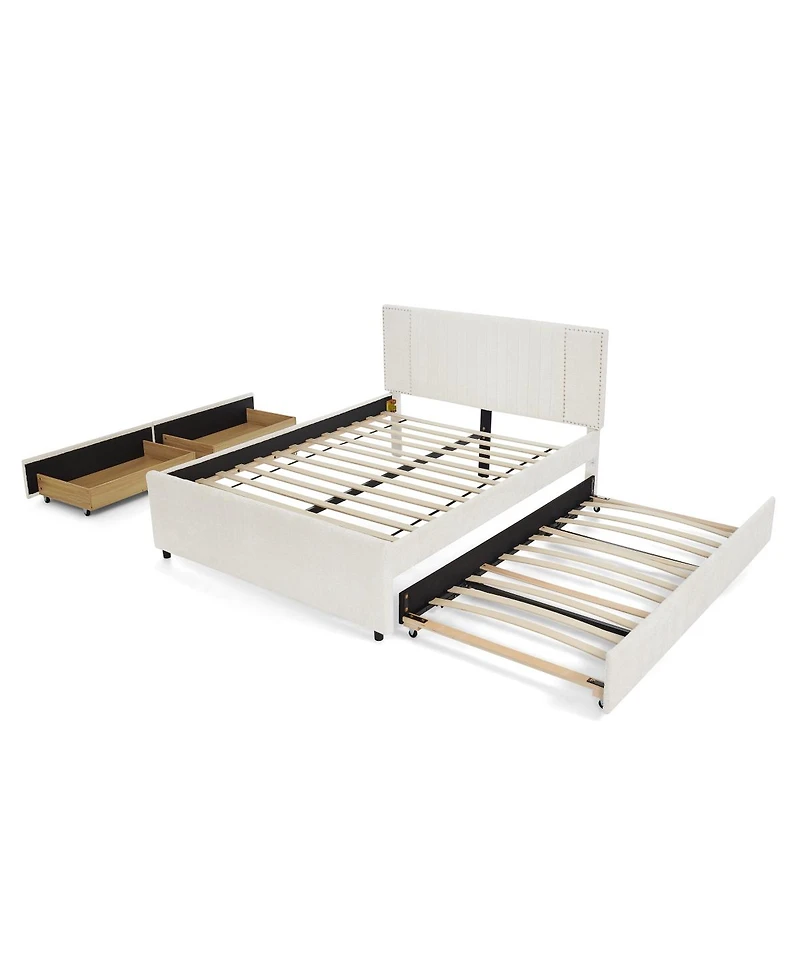 Streamdale Furniture Queen Size Channel Tufted Upholstered Bed with Storage Drawers and Trundle