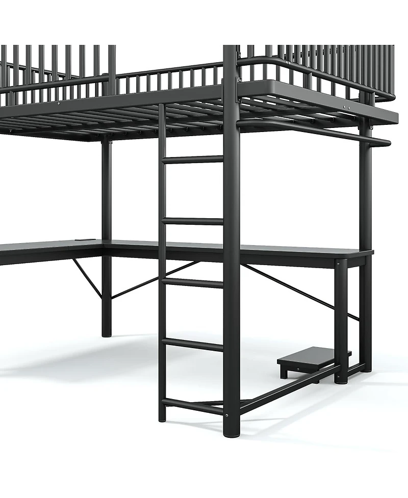 Streamdale Furniture Queen Metal Loft Bed with L-Shaped Desk, Led Lights, and Charging Station