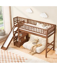 Streamdale Furniture Twin Size Loft Bed with Storage Staircase, Slide and Led Light