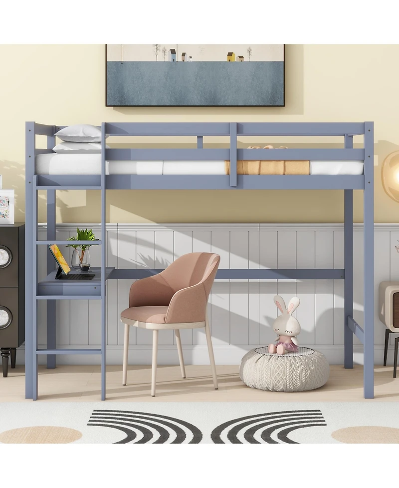 Sailvan Twin High Loft Bed, Rubber Wood Bed with Safety Guardrail, built-in desk, ladder