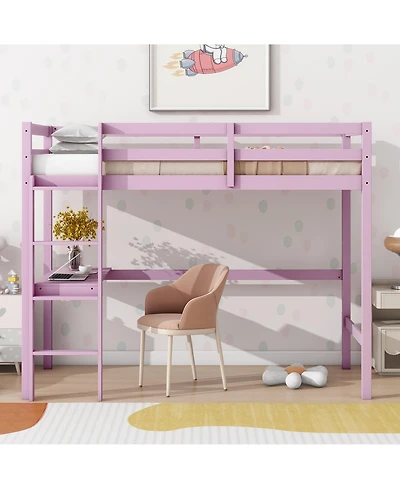 Sailvan Twin High Loft Bed, Rubber Wood Loft Bed with Safety Guardrail, built-in desk, ladder