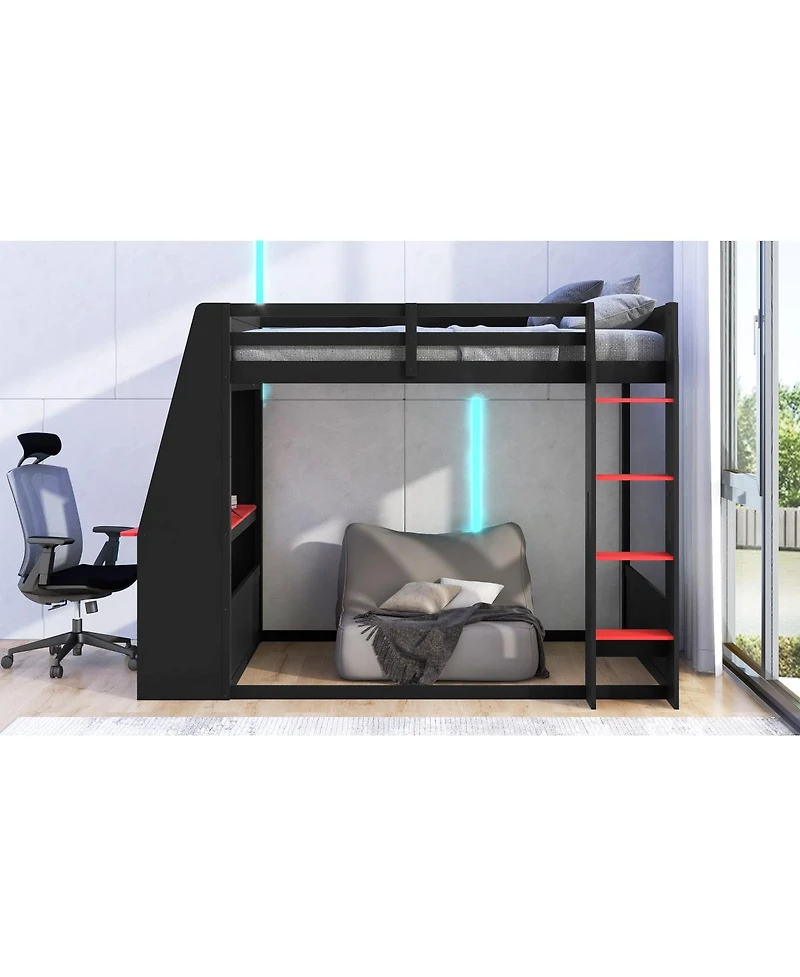 Streamdale Furniture Full Size Wooden Gaming Bunk Bed with Desk, Two Storage Shelves, Usb and Led Light