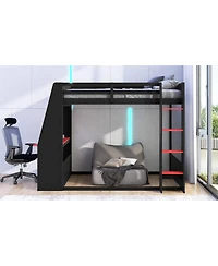 Streamdale Furniture Full Size Wooden Gaming Bunk Bed with Desk, Two Storage Shelves, Usb and Led Light