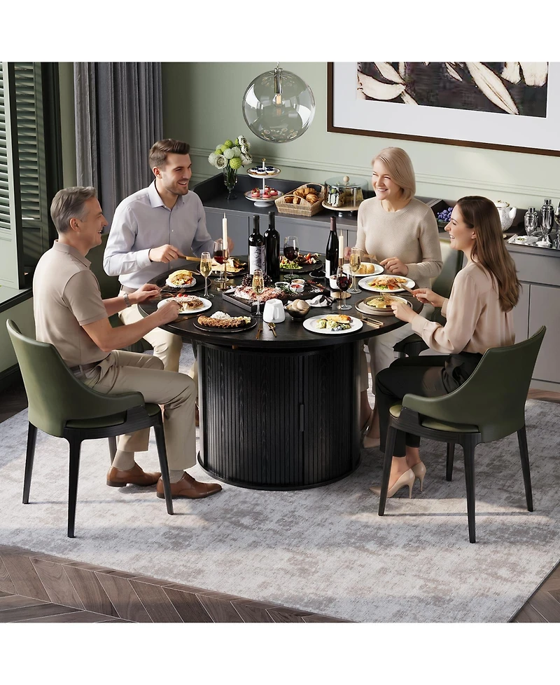 homfan Extendable Round Dining Table – Modern Farmhouse Fluted Pedestal with 2-Tier Storage Shelf and Drawer, 47.5–63" Expandable