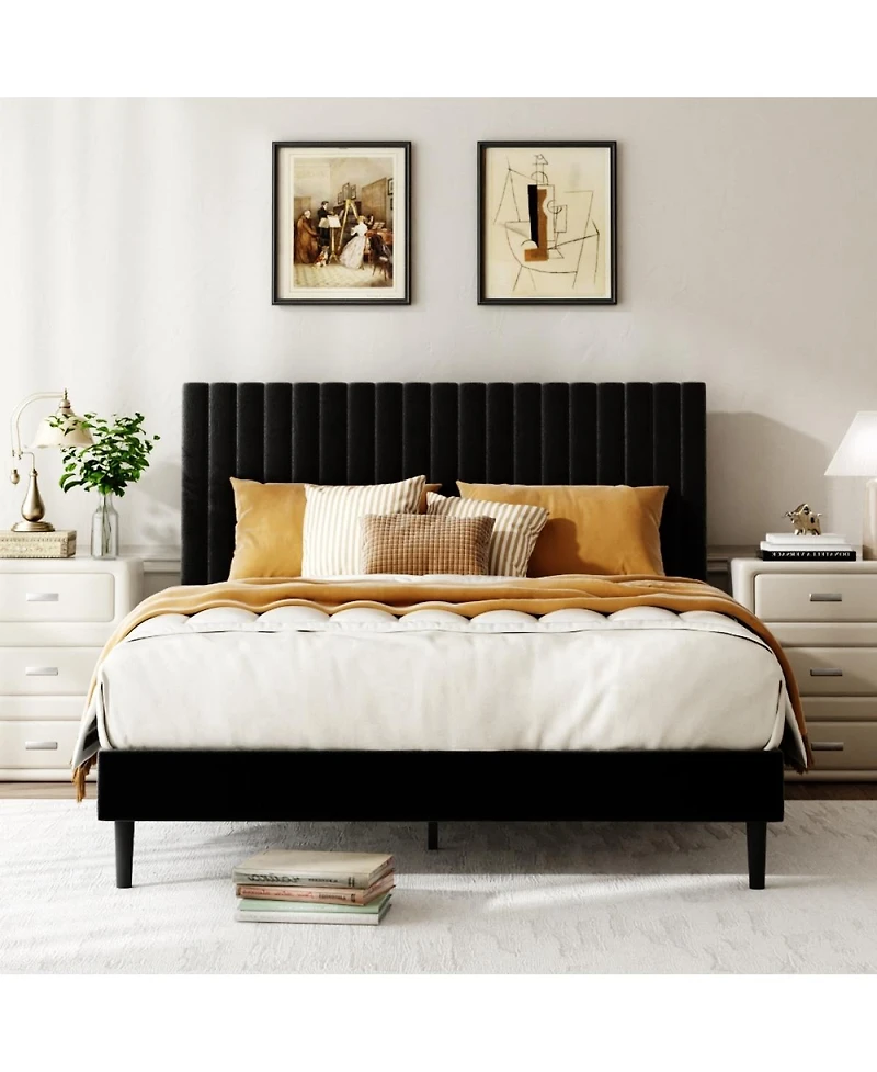 Streamdale Furniture Queen Size Velvet Upholstered Platform Bed with Adjustable Headboard