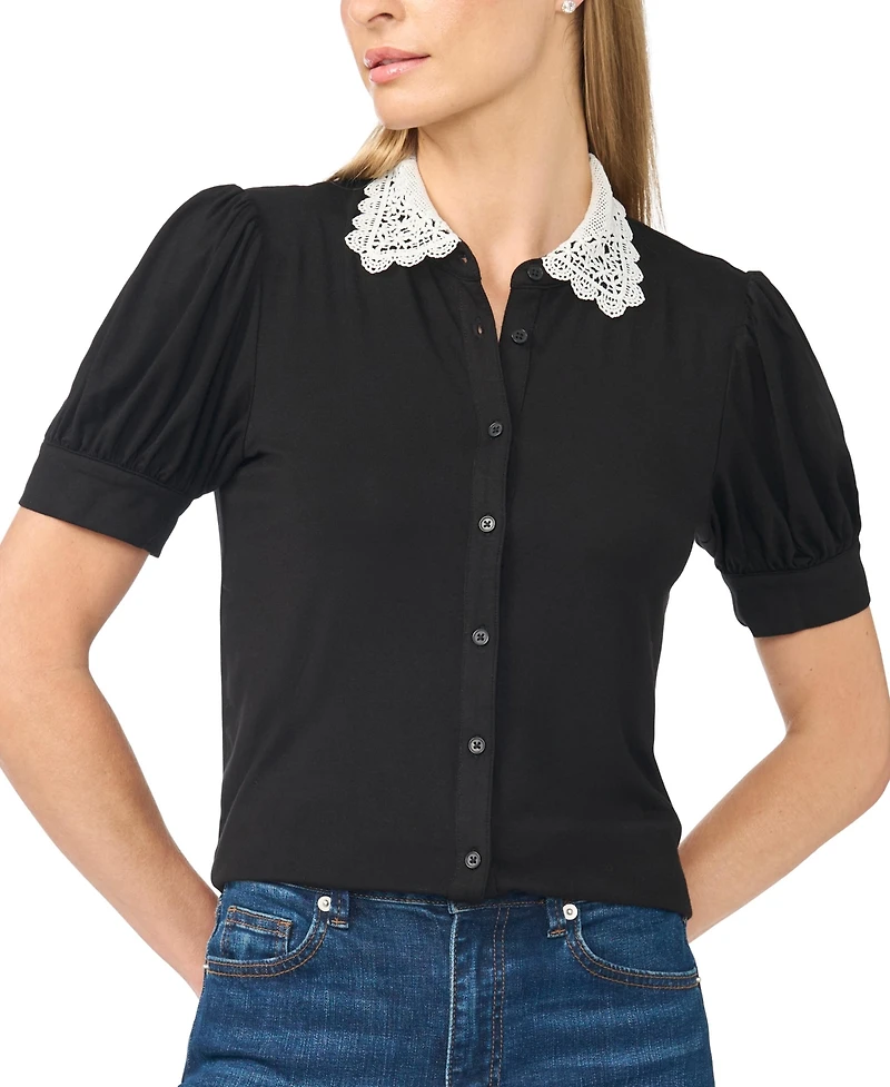 CeCe Women's Scallop-Trim Collared Short-Sleeve Button-Front Top