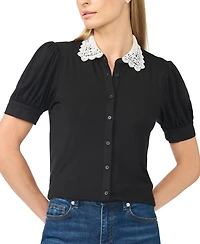 CeCe Women's Scallop-Trim Collared Short-Sleeve Button-Front Top
