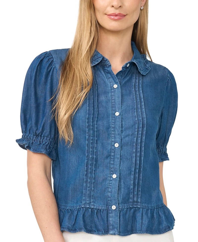CeCe Women's Cropped Ruffle-Collar Pintuck Button-Front Top