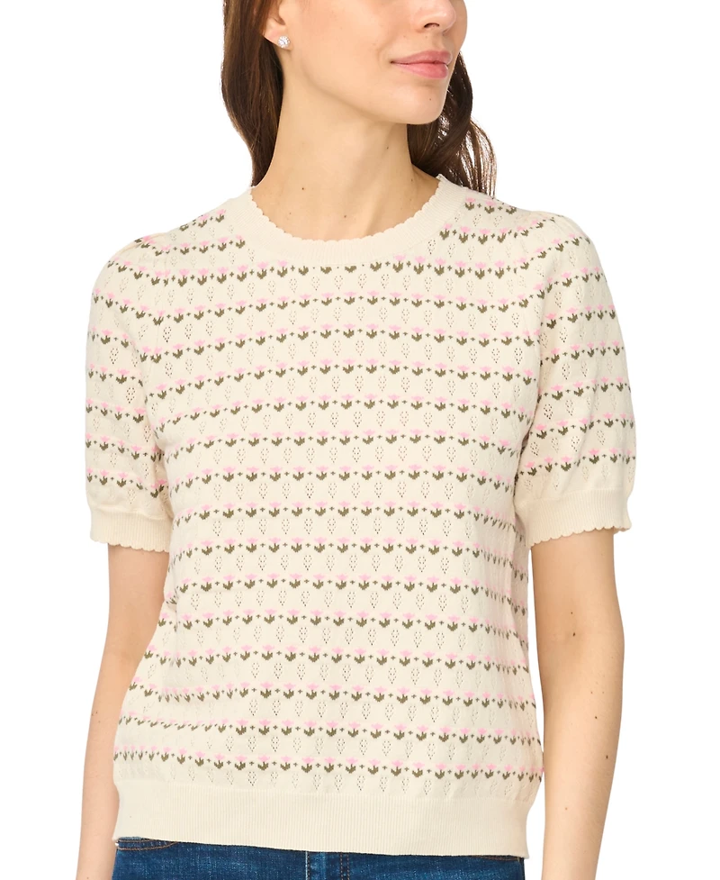CeCe Women's Flower Pointelle Crewneck Short-Sleeve Cotton Sweater