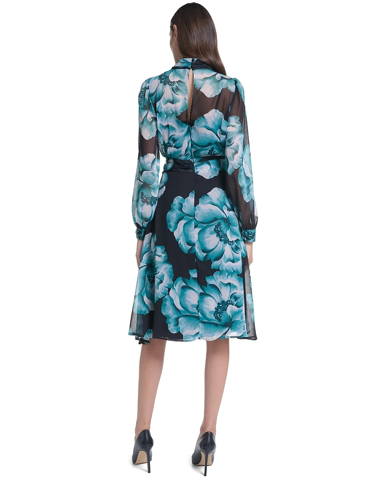 Calvin Klein Women's Long-Sleeve Floral Chiffon Mock Neck Midi Dress
