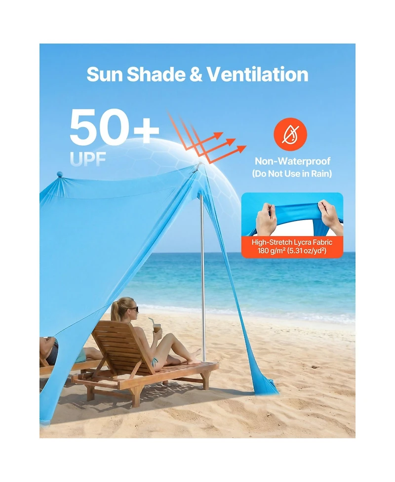 Mountaintop Beach Tent Sun Shelter, UPF50+ Pop-Up Canopy, 6.6ft Tall, Sandbags, Support Poles and Sand Shovels for Small Family Shade