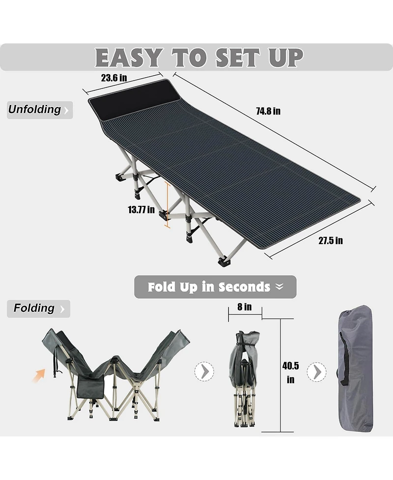 Piscifun Heavy Duty Portable Folding Camping Bed Adjustable Recline Built Pillow 500 Lbs Capacity