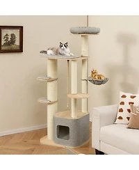Hongge Modern Wooden Cat Tower with Hanging Hammock, 63 Inch