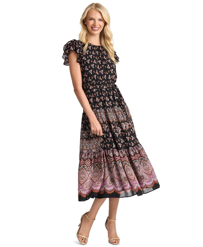 CeCe Women's Flutter-Sleeve Tie-Waist Midi Dress