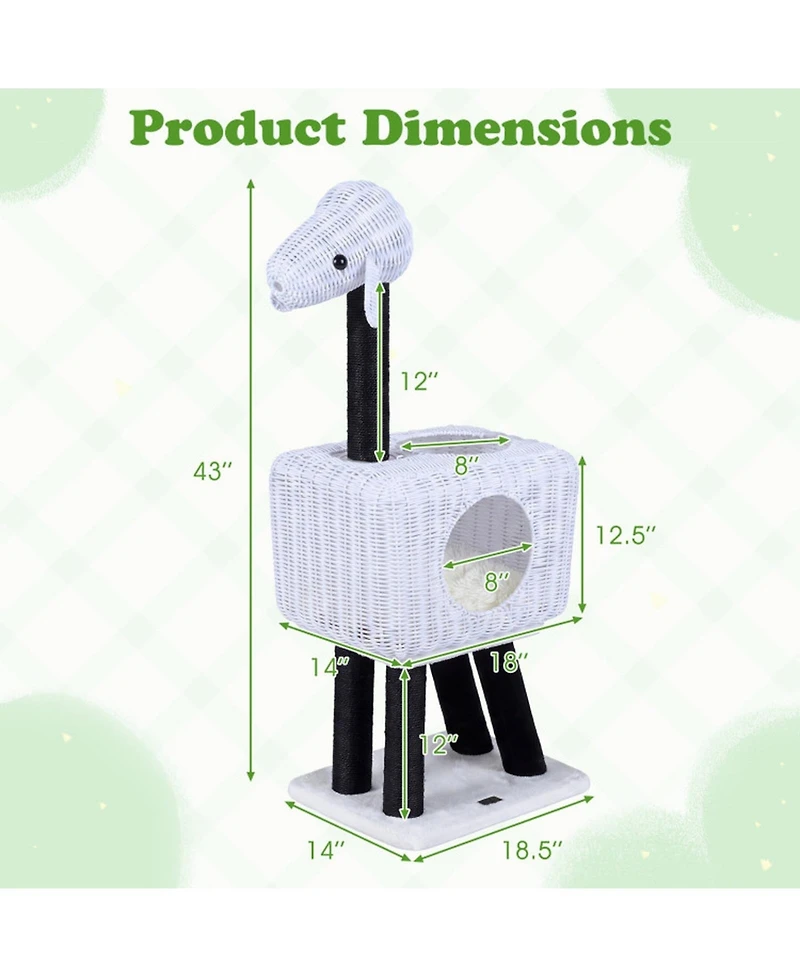 Hongge Lamb-Shaped 43 Inch Cat Tower with 2-Door Rattan Condo