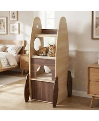 Hongge Rocket-Shaped 47 Inch Wooden Cat Tower with 2-Tier Condo