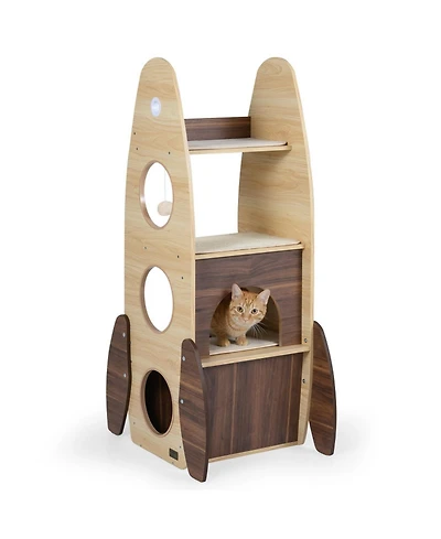 Hongge Rocket-Shaped 47 Inch Wooden Cat Tower with 2-Tier Condo