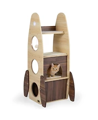 Hongge Rocket-Shaped 47 Inch Wooden Cat Tower with 2-Tier Condo