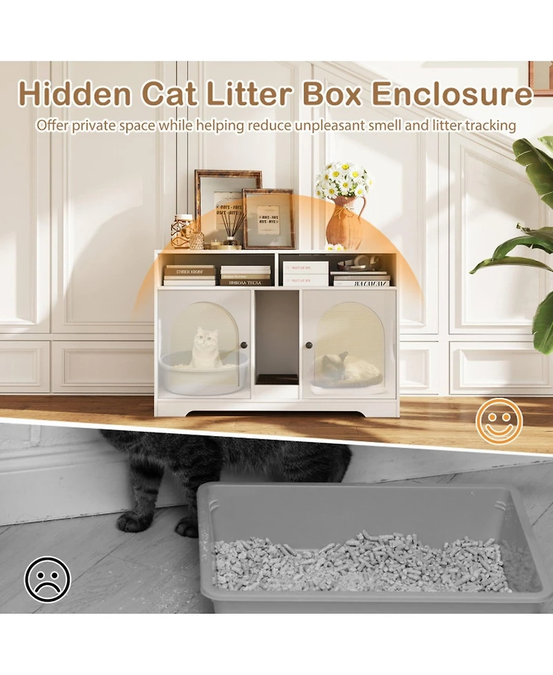 Hongge 43 in Cat Litter Box Enclosure with Double Rooms Sisal Mats and Storage
