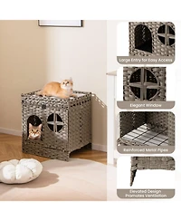 Hongge Foldable 2-Tier Rattan Cat Litter Box Enclosure with Litter Mat and Cushioned Top