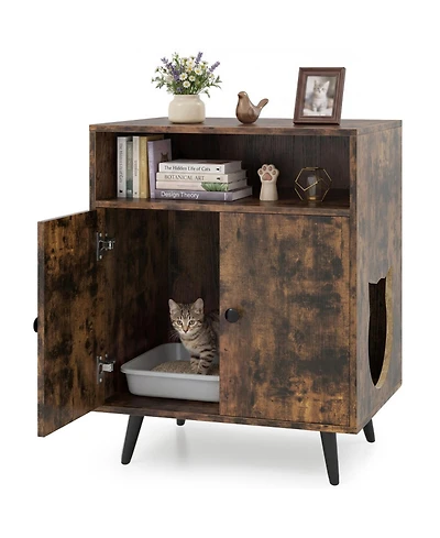 Hongge Industrial Cat Litter Box Enclosure with Cat-Shaped Entry Tabletop and Open Compartment