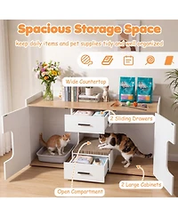 Hongge 55 in Wooden Hidden Cat Litter Box Cabinet with Wide Countertop 2 Drawers and 2 Doors