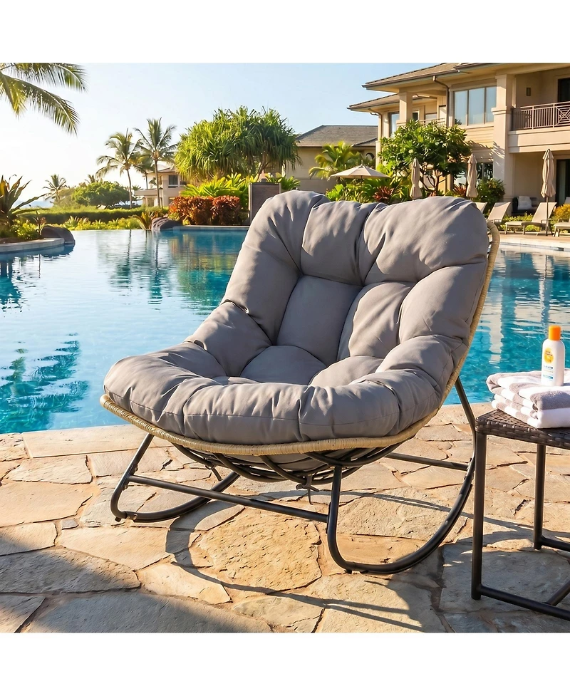Gymax Outdoor Papasan Rocking Chair Oversized Egg-shaped Rocker with Thick Cushioned Seat