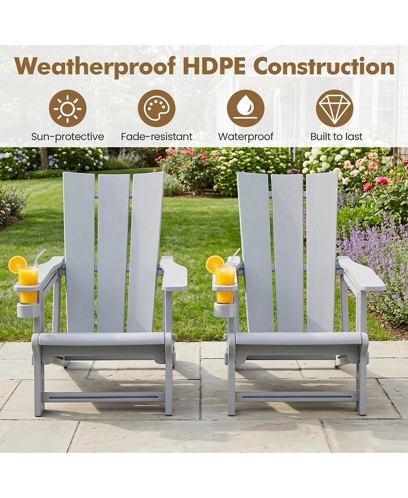 Gymax Adirondack Chairs Set of 2 with Cup Holder Wood Texture for Garden Backyard