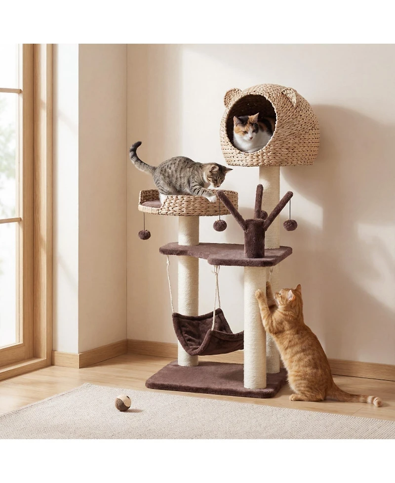 Hongge Multi-Level Cat Tree Tower with Woven Cattail Condo, 48 Inch
