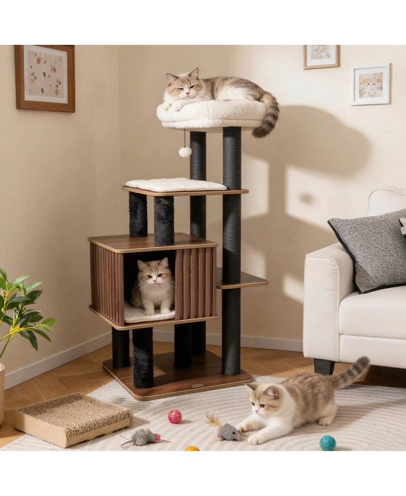 Hongge 53.5 Inch Wooden Cat Tower with Extra-Wide Padded Top Perch